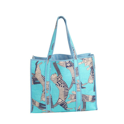 Handmade Cotton Floral Block Print Quilted Tote Shoulder Market Shopping Bag