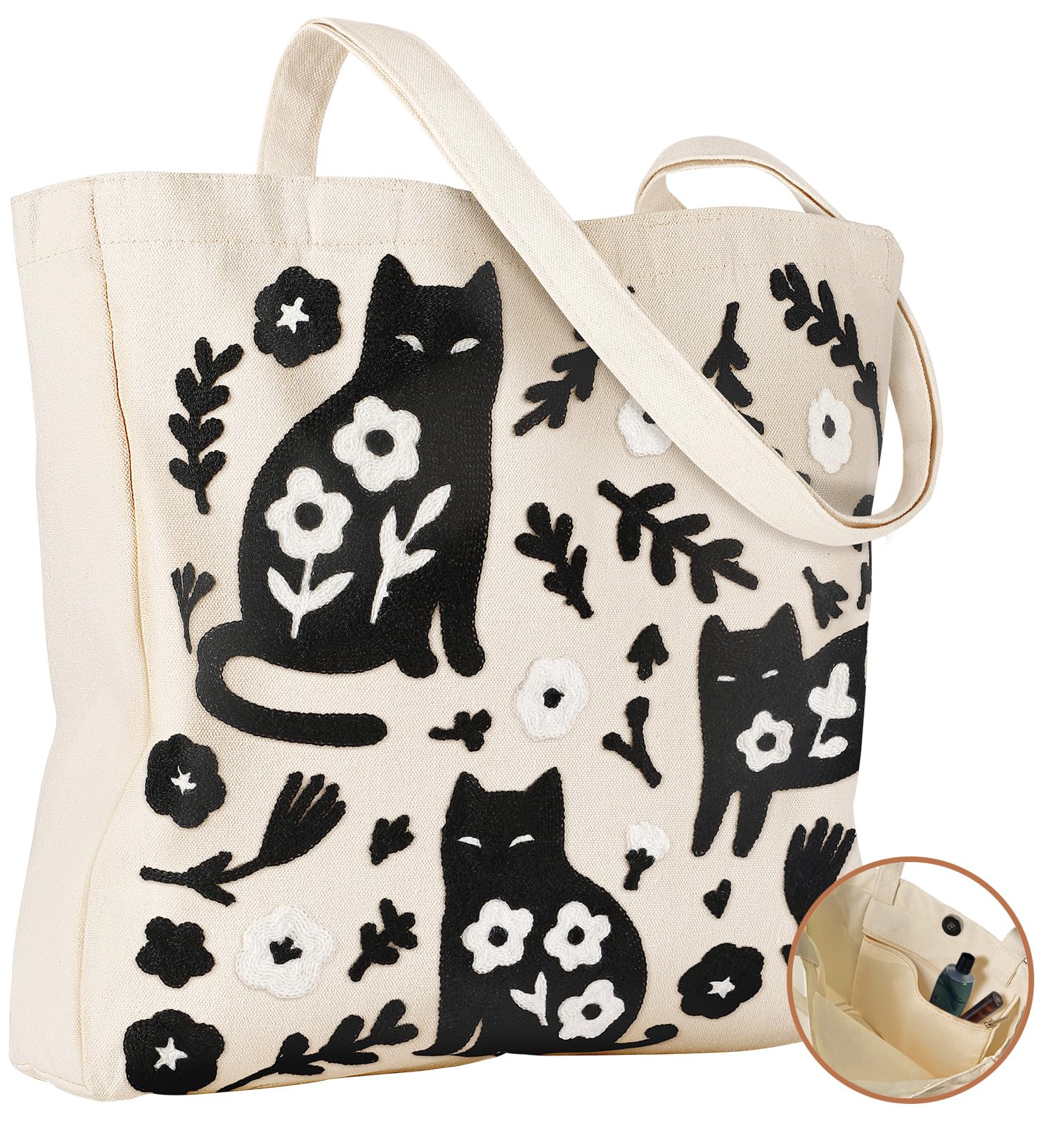 Embroidery Canvas Tote Bag for Women Reusable Shoulder Bag with Pocket and Buckle Cute Aesthetic Grocery Bag