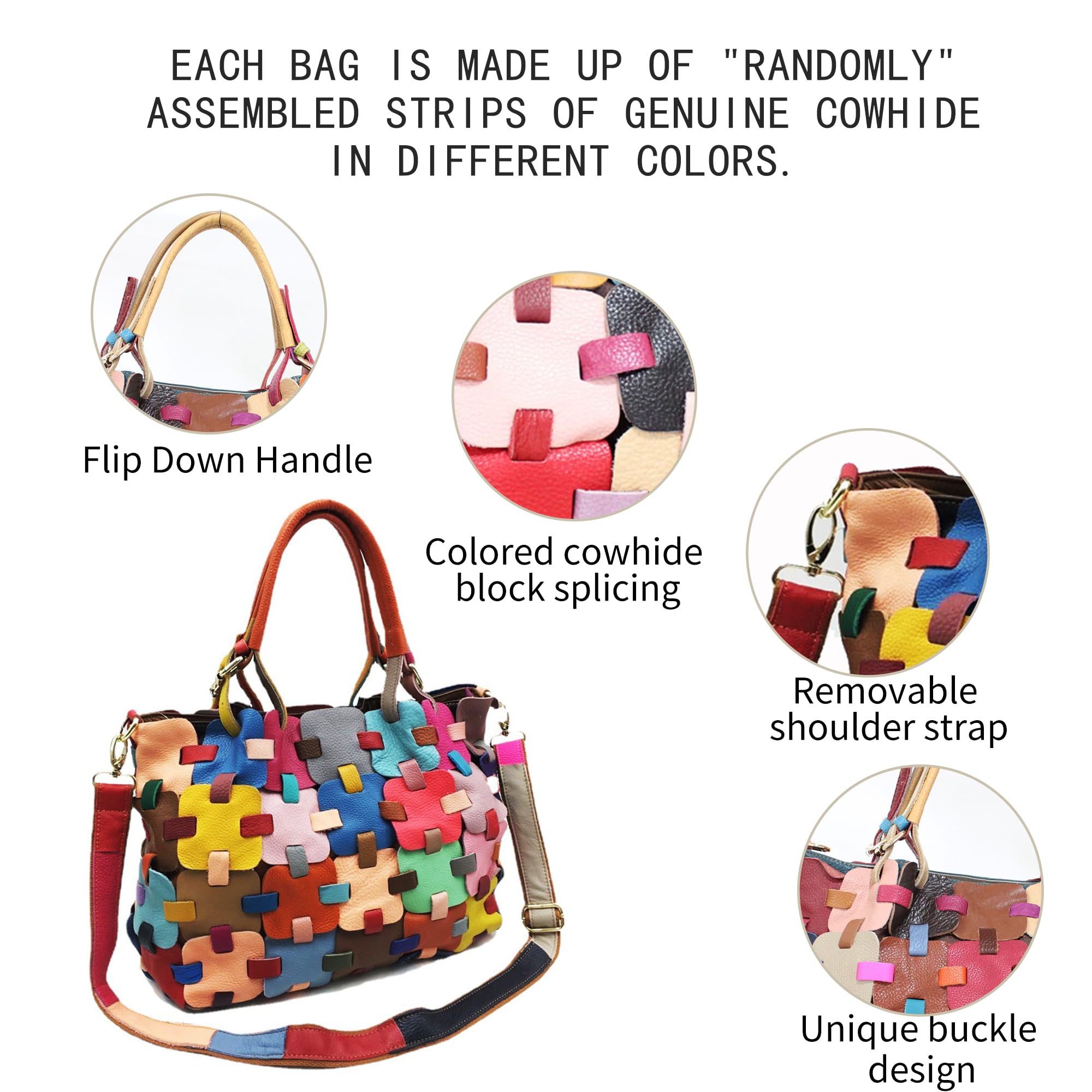 Handmade Cowhide Multi Color Patchwork Bag Crossbody Shoulder Handheld Unique Style