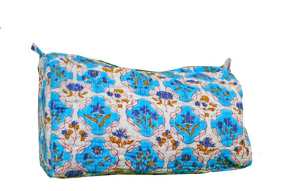 Indian Handmade Cotton Quilted Floral Toiletry Cosmetic Makeup Bag Blue A