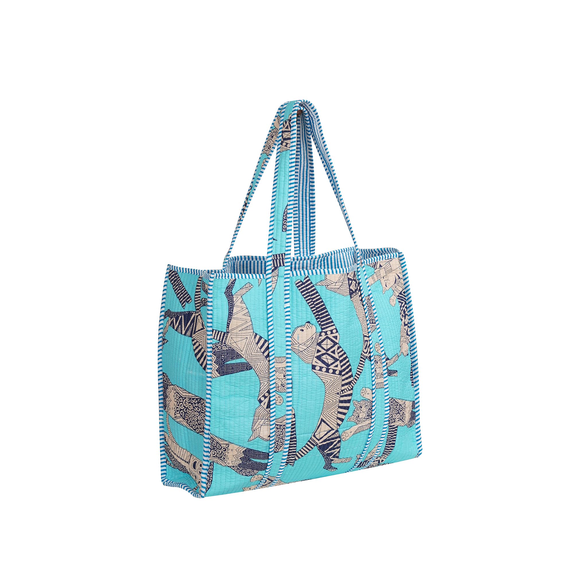 Handmade Cotton Floral Block Print Quilted Tote Shoulder Market Shopping Bag