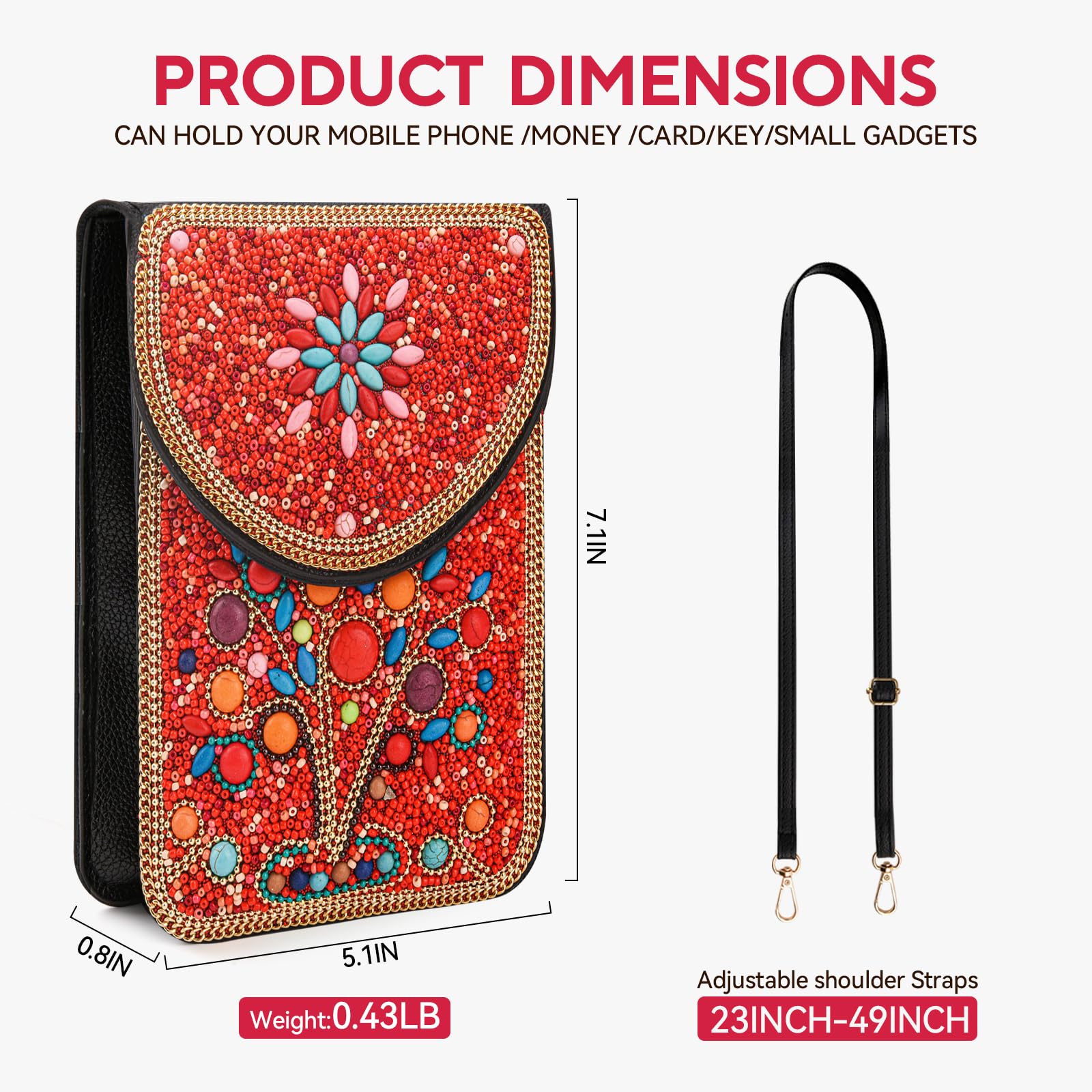 Beaded Crossbody Phone Shoulder Bag Boho Wallet Purse with Colorful Handcrafted Beads