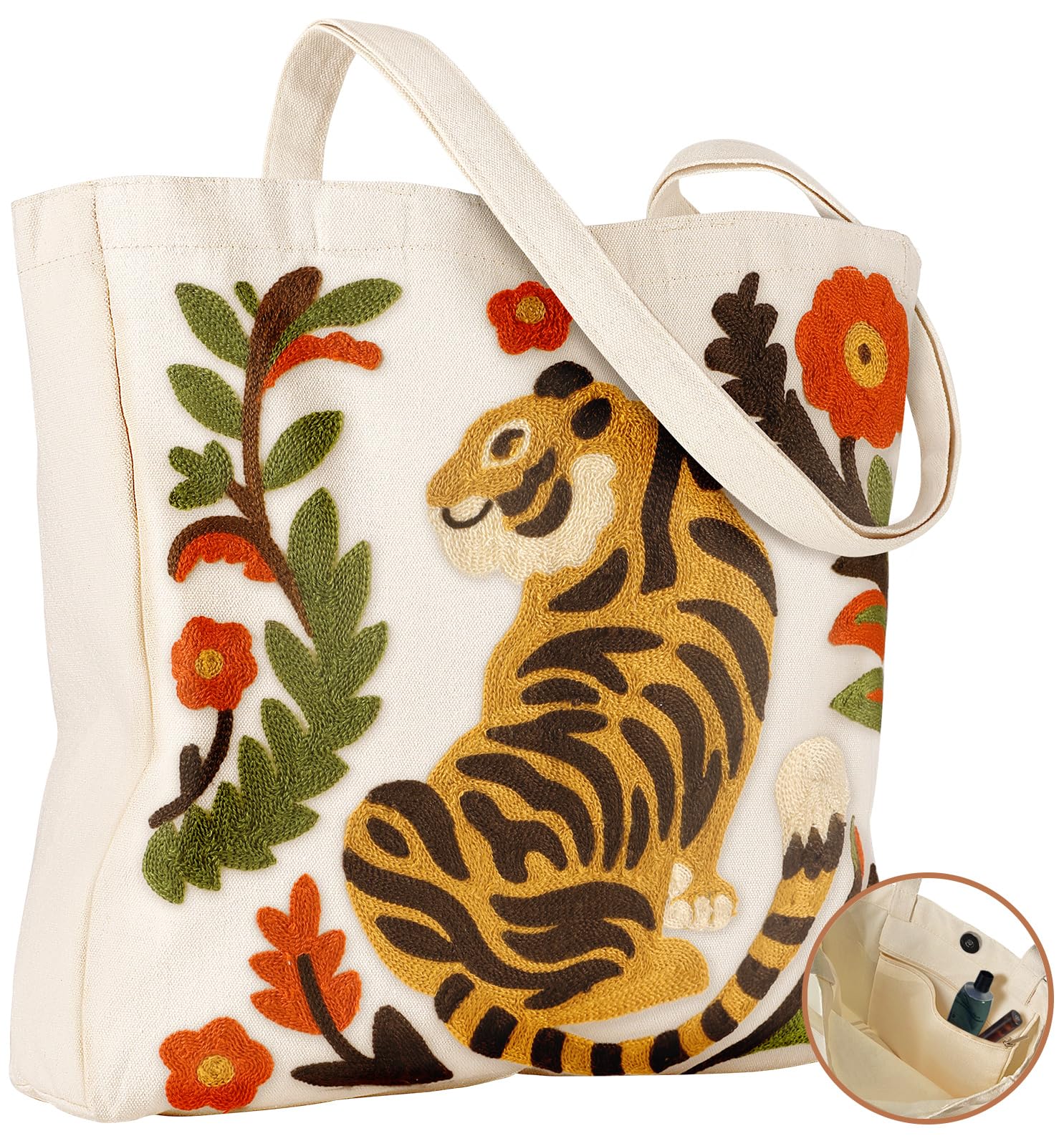 Embroidery Canvas Tote Bag for Women Reusable Shoulder Bag with Pocket and Buckle Cute Aesthetic Grocery Bag