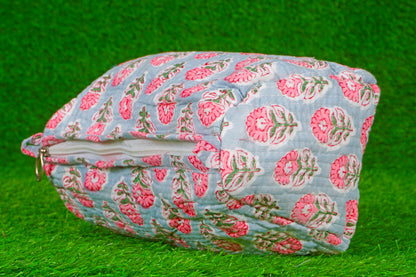 Indian Handmade Cotton Quilted Floral Toiletry Cosmetic Makeup Bag Blue A