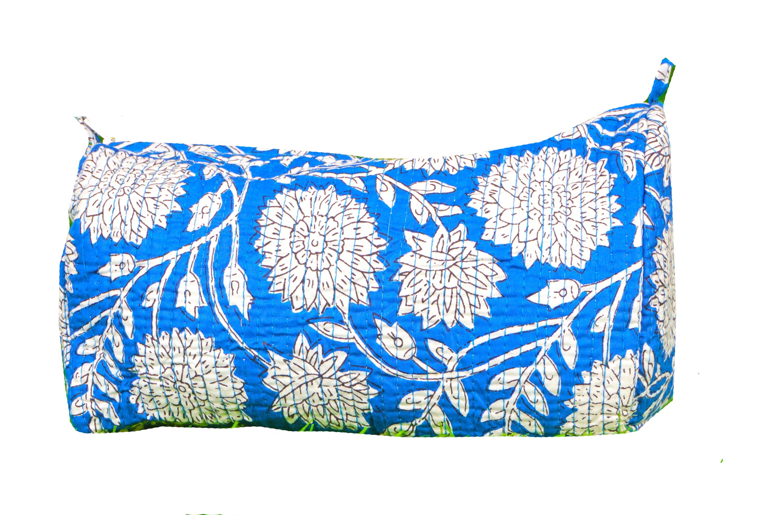 Indian Handmade Cotton Quilted Floral Toiletry Cosmetic Makeup Bag Blue A