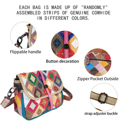 Handmade Cowhide Multi Color Patchwork Bag Crossbody Shoulder Handheld Unique Style