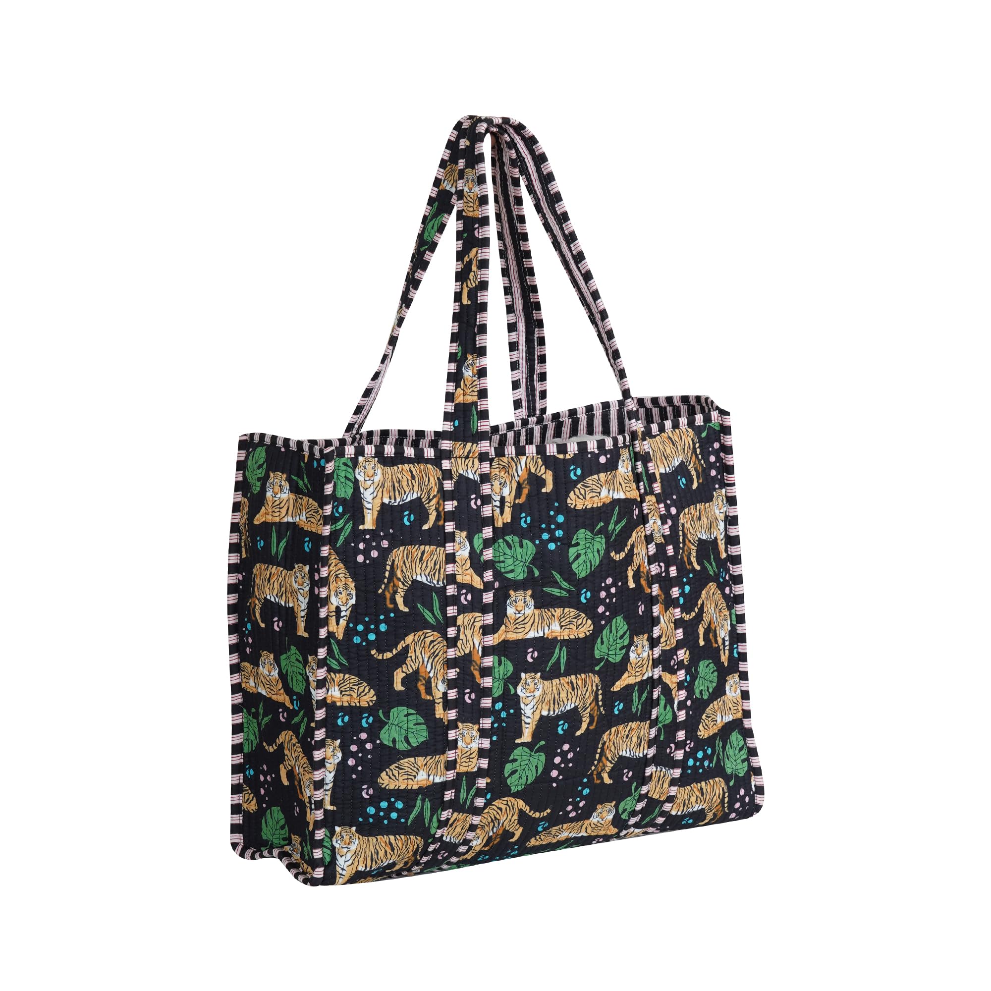Handmade Cotton Floral Block Print Quilted Tote Shoulder Market Shopping Bag
