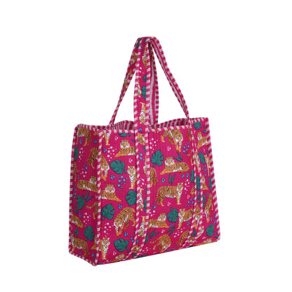 Handmade Cotton Floral Block Print Quilted Tote Shoulder Market Shopping Bag