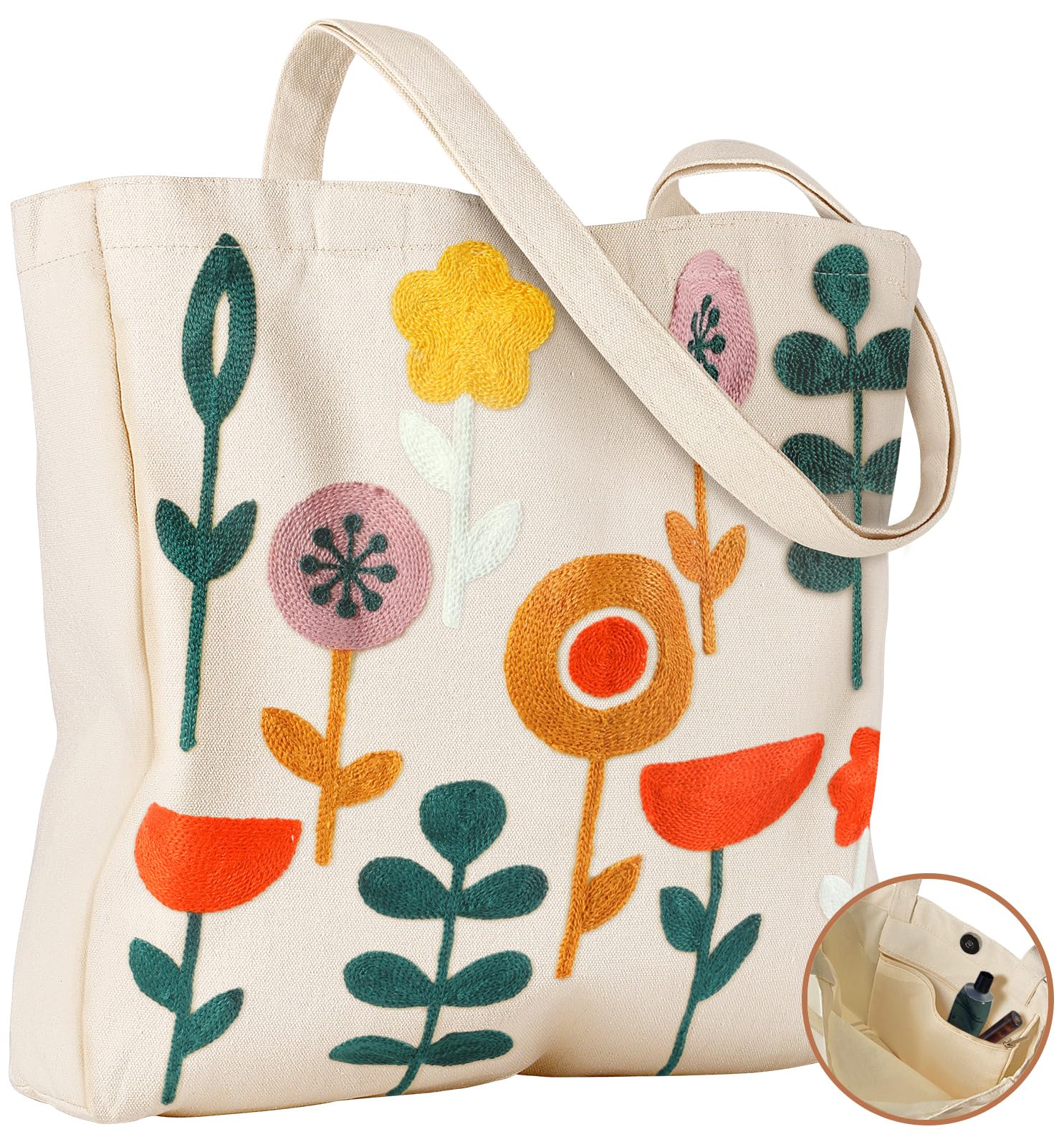 Embroidery Canvas Tote Bag for Women Reusable Shoulder Bag with Pocket and Buckle Cute Aesthetic Grocery Bag