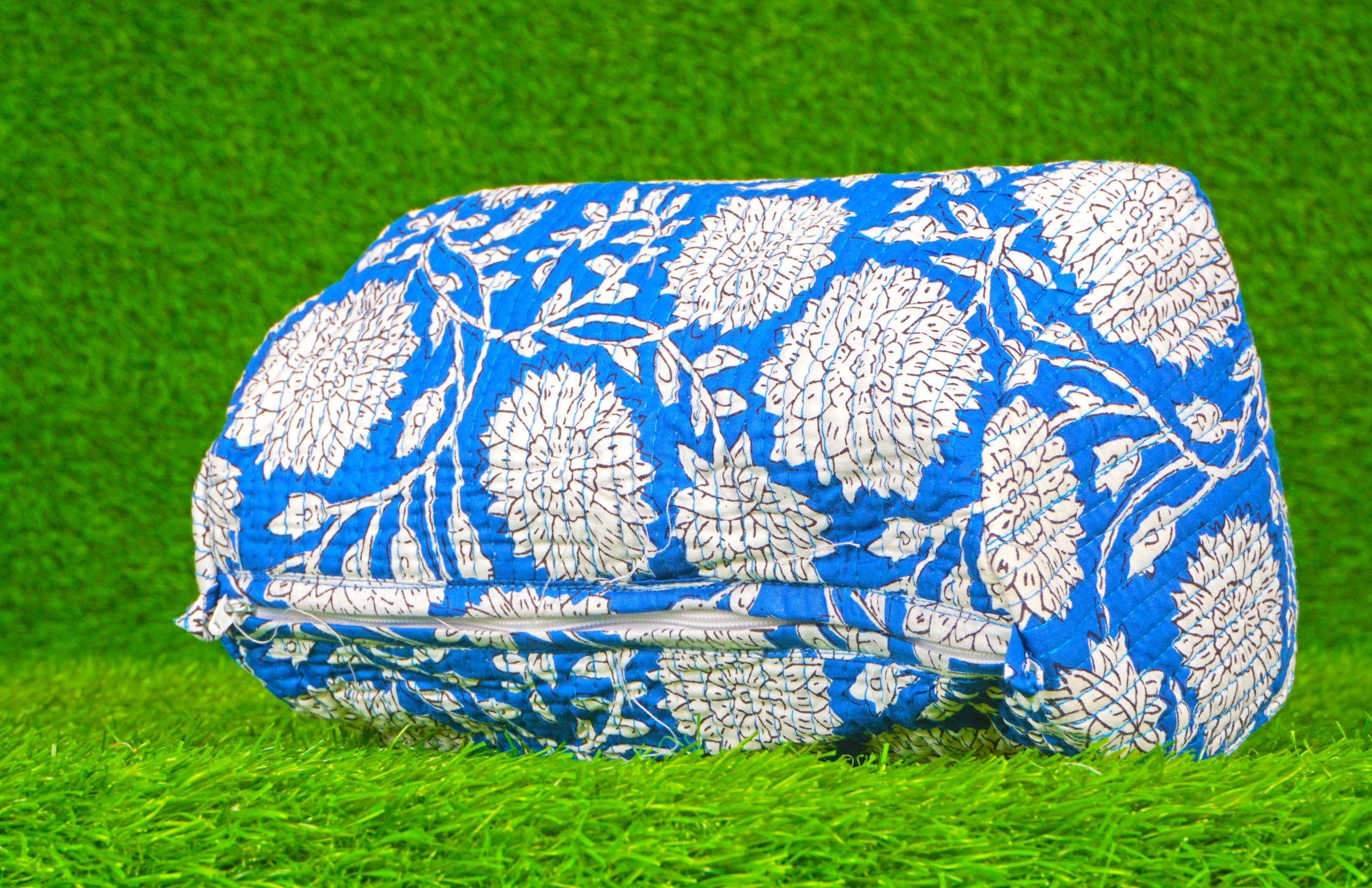 Indian Handmade Cotton Quilted Floral Toiletry Cosmetic Makeup Bag Blue A