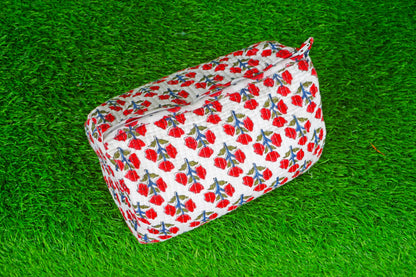 Indian Handmade Cotton Quilted Floral Toiletry Cosmetic Makeup Bag Blue A