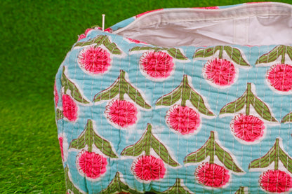 Indian Handmade Cotton Quilted Floral Toiletry Cosmetic Makeup Bag Blue A