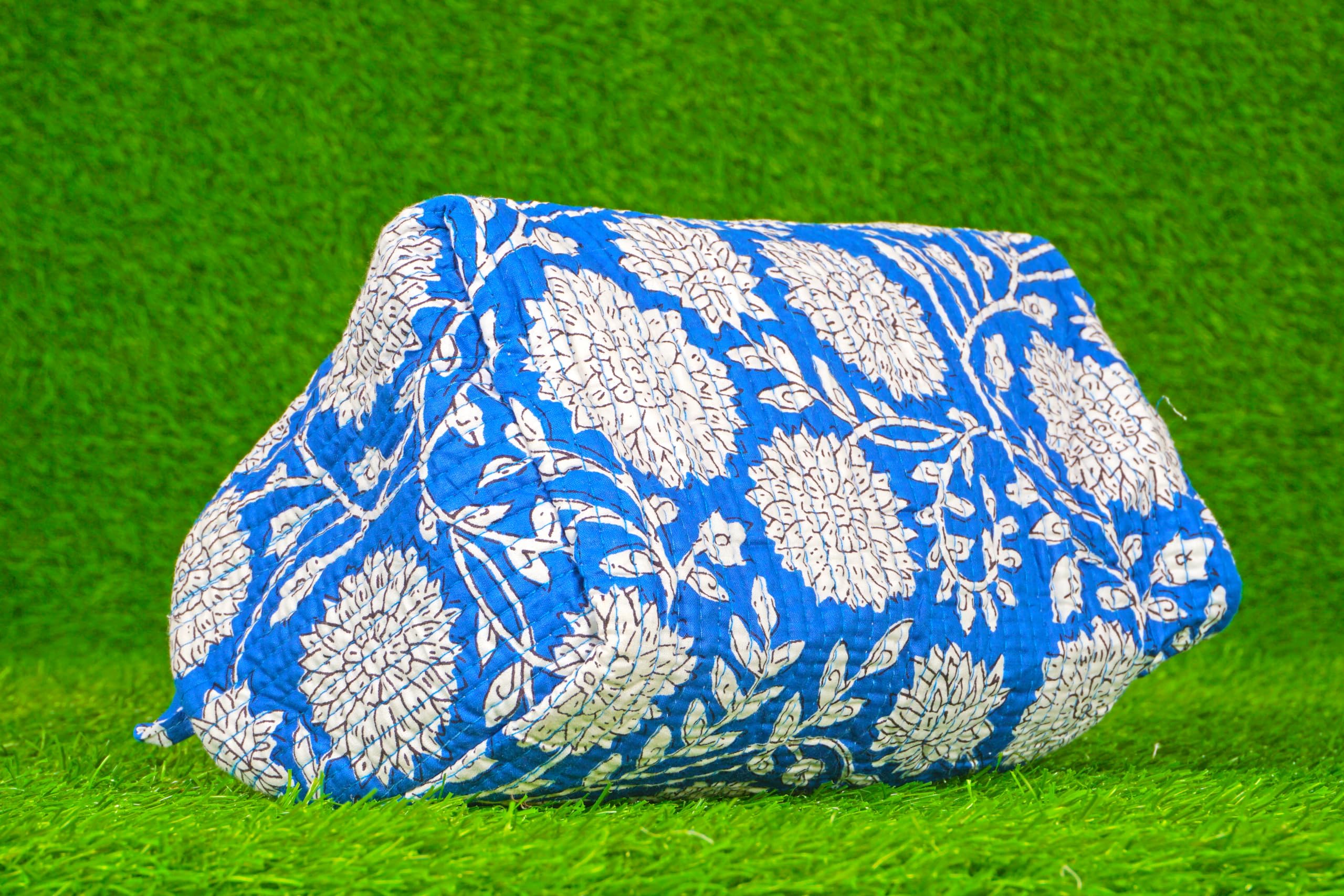 Indian Handmade Cotton Quilted Floral Toiletry Cosmetic Makeup Bag Blue A