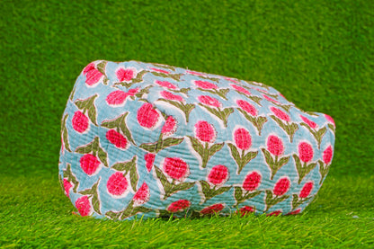 Indian Handmade Cotton Quilted Floral Toiletry Cosmetic Makeup Bag Blue A