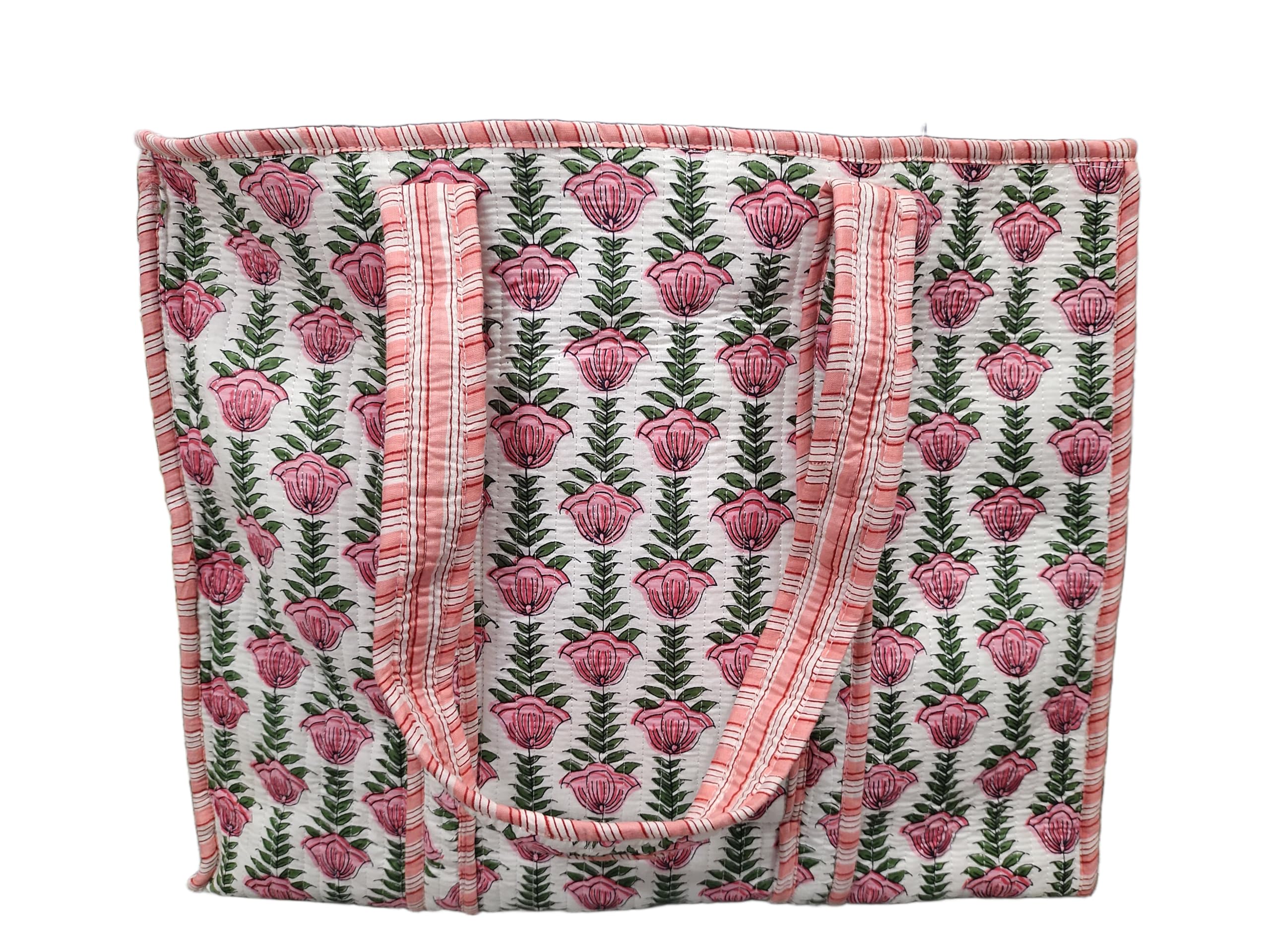 Handmade Cotton Floral Block Print Quilted Tote Shoulder Market Shopping Bag