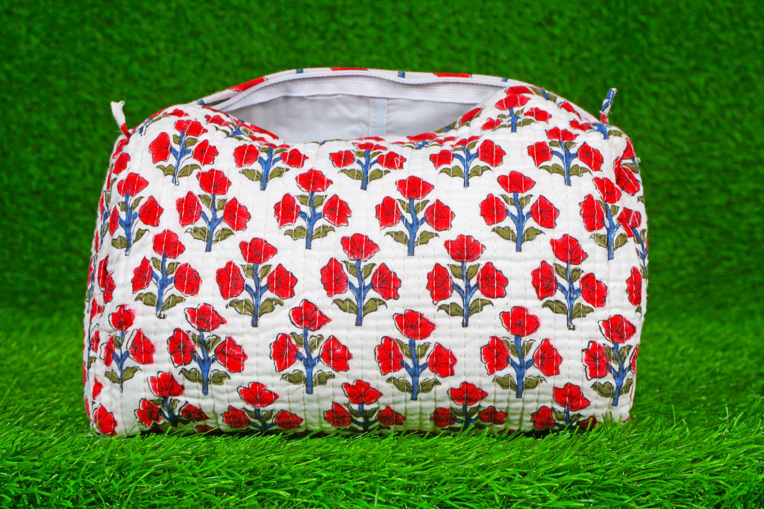 Indian Handmade Cotton Quilted Floral Toiletry Cosmetic Makeup Bag Blue A