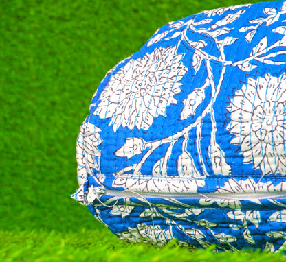 Indian Handmade Cotton Quilted Floral Toiletry Cosmetic Makeup Bag Blue A
