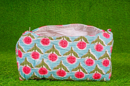 Indian Handmade Cotton Quilted Floral Toiletry Cosmetic Makeup Bag Blue A