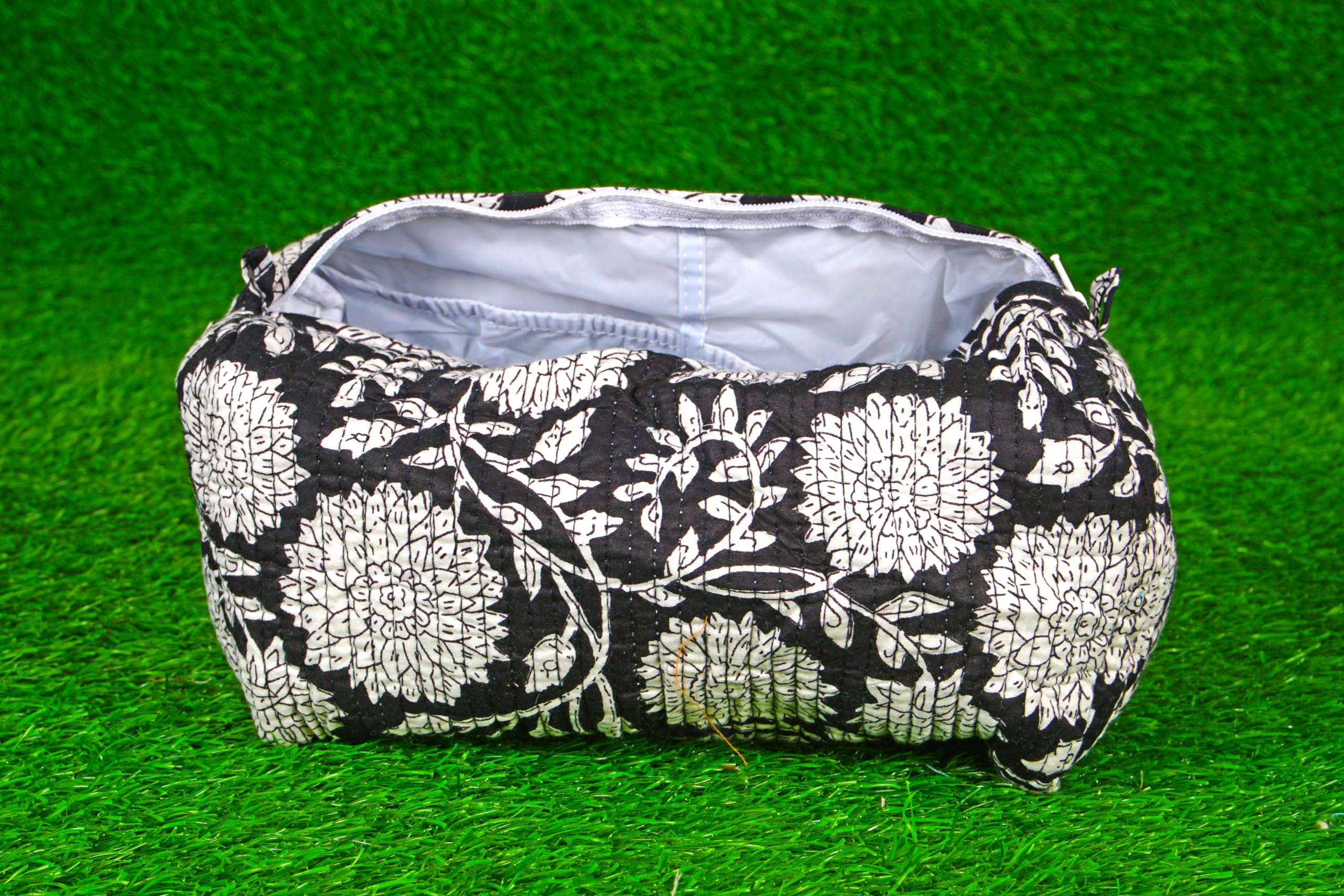Indian Handmade Cotton Quilted Floral Toiletry Cosmetic Makeup Bag Blue A