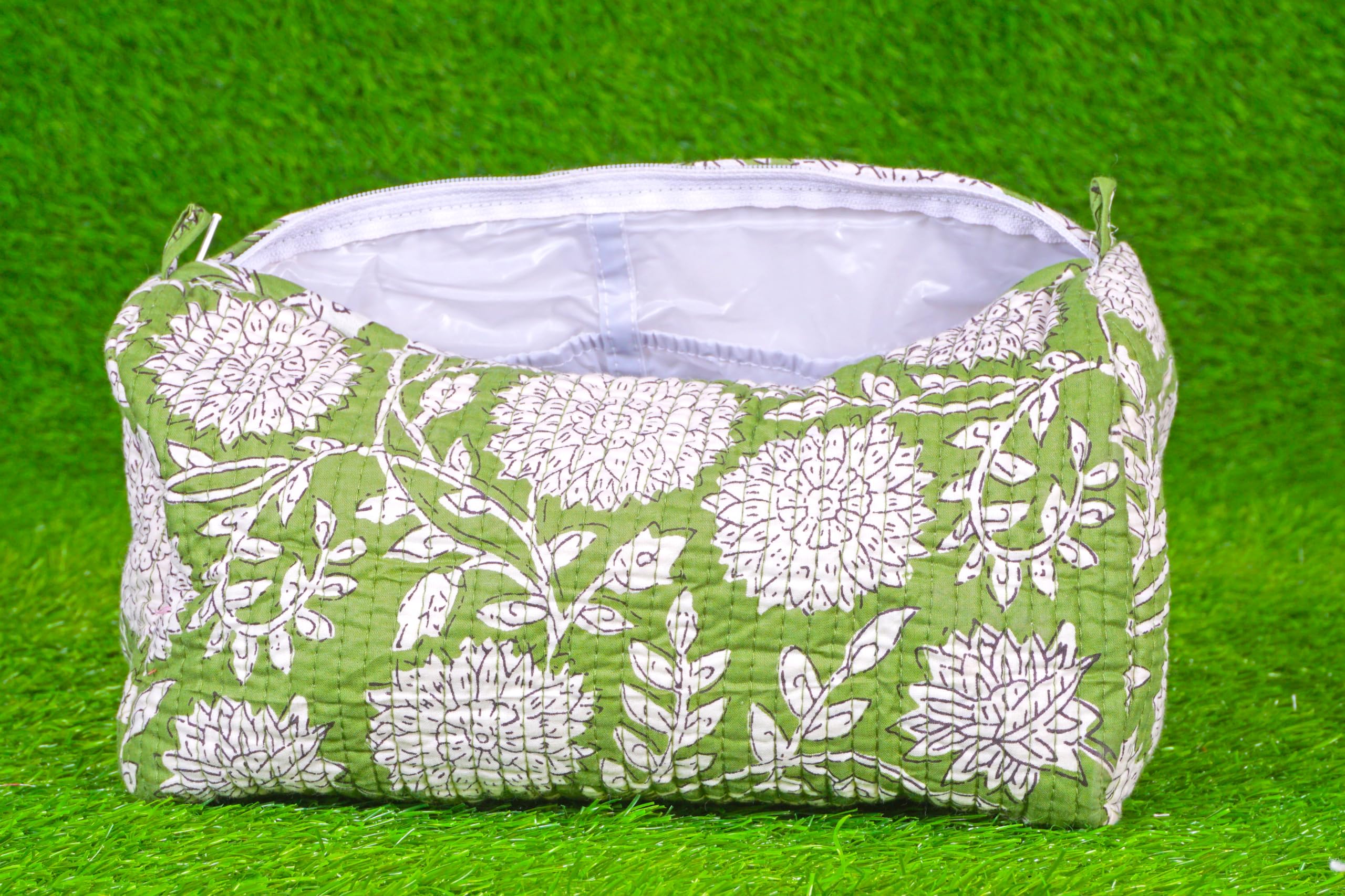 Indian Handmade Cotton Quilted Floral Toiletry Cosmetic Makeup Bag Blue A