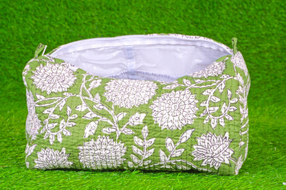 Indian Handmade Cotton Quilted Floral Toiletry Cosmetic Makeup Bag Blue A