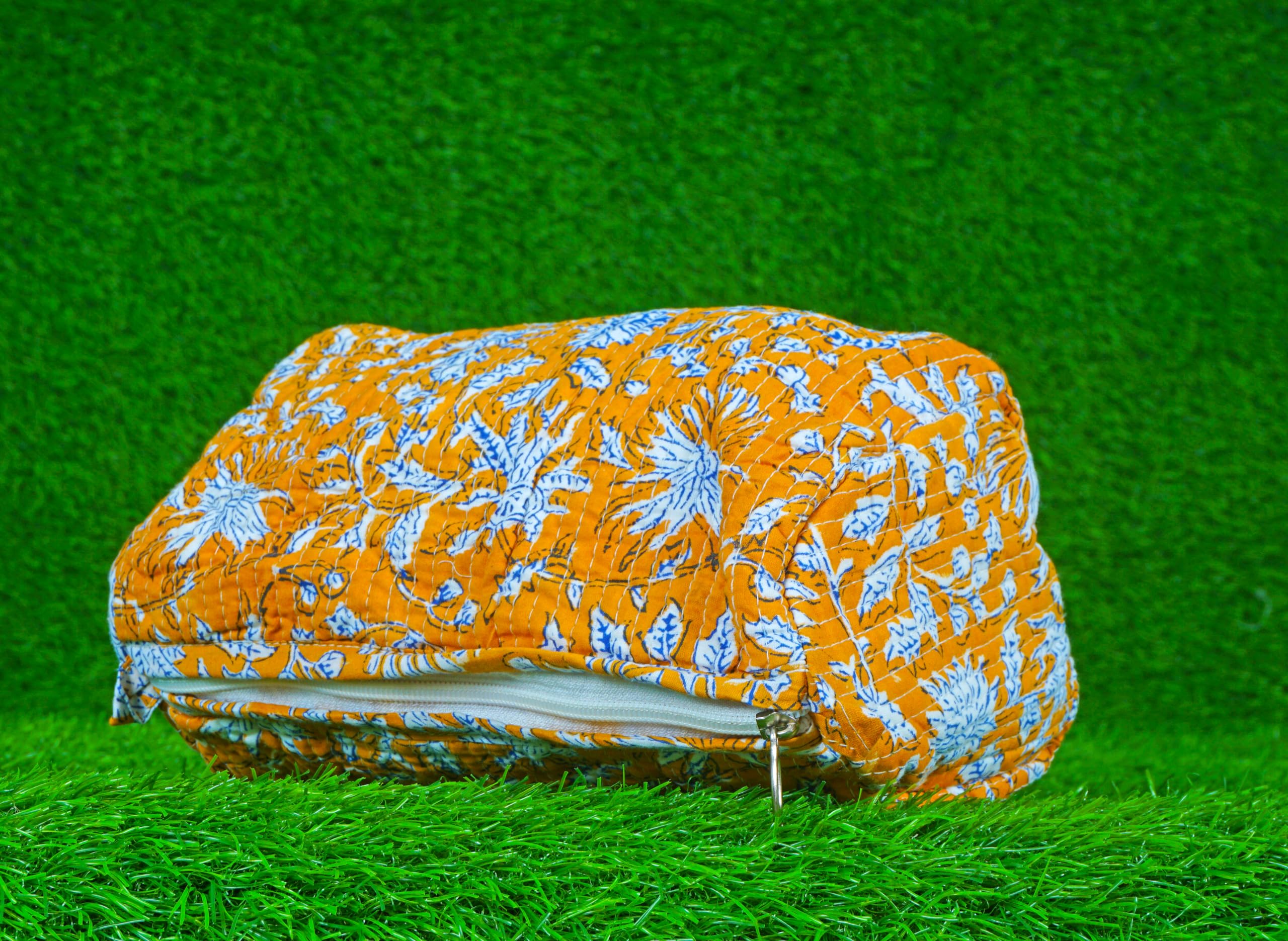 Indian Handmade Cotton Quilted Floral Toiletry Cosmetic Makeup Bag Blue A