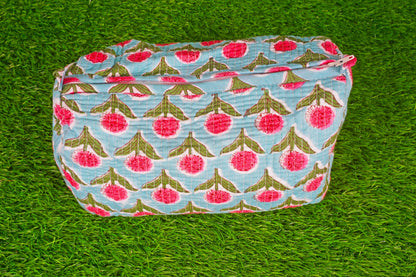 Indian Handmade Cotton Quilted Floral Toiletry Cosmetic Makeup Bag Blue A