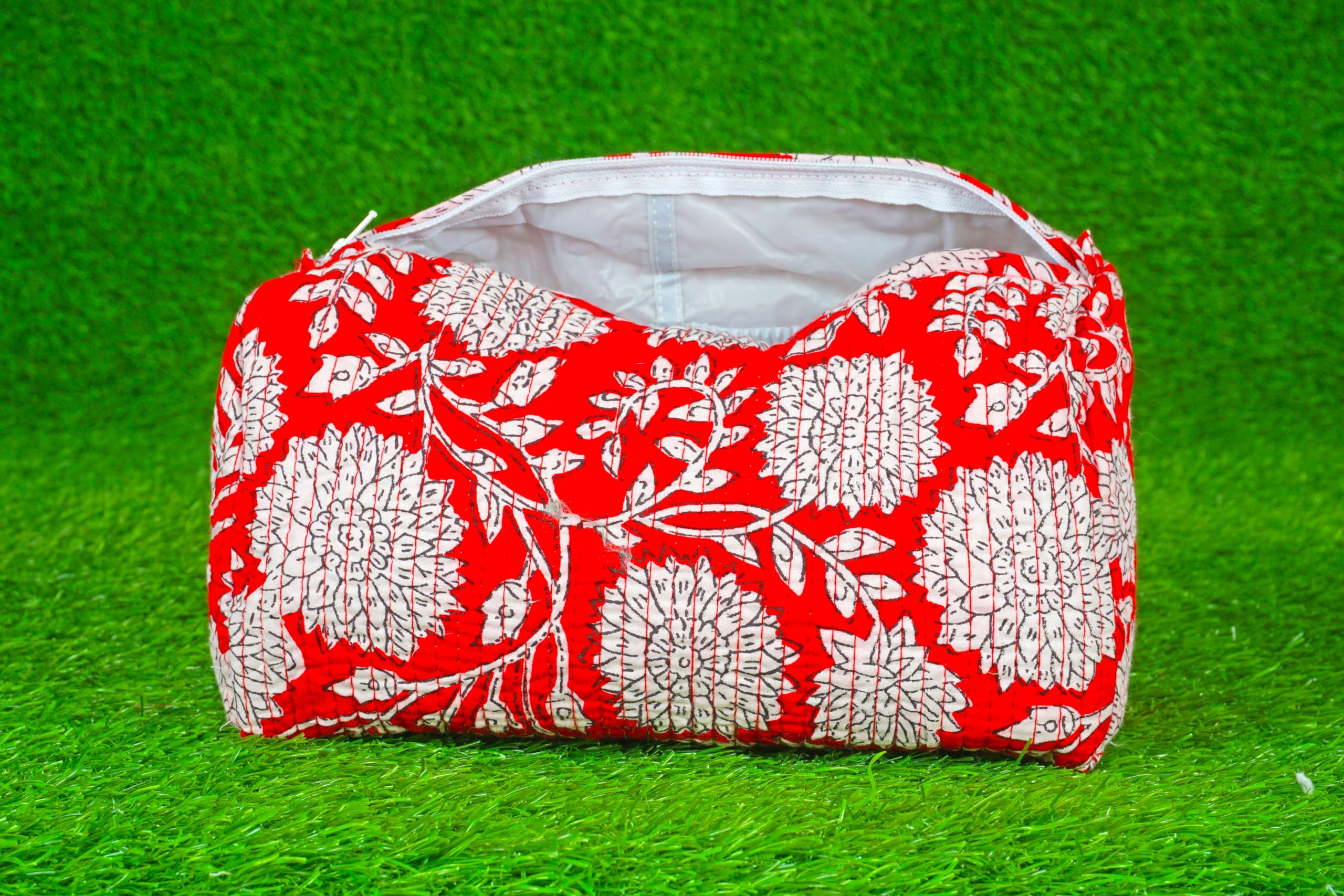 Indian Handmade Cotton Quilted Floral Toiletry Cosmetic Makeup Bag Blue A