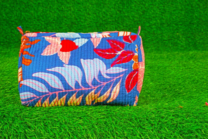 Indian Handmade Cotton Quilted Floral Toiletry Cosmetic Makeup Bag Blue A