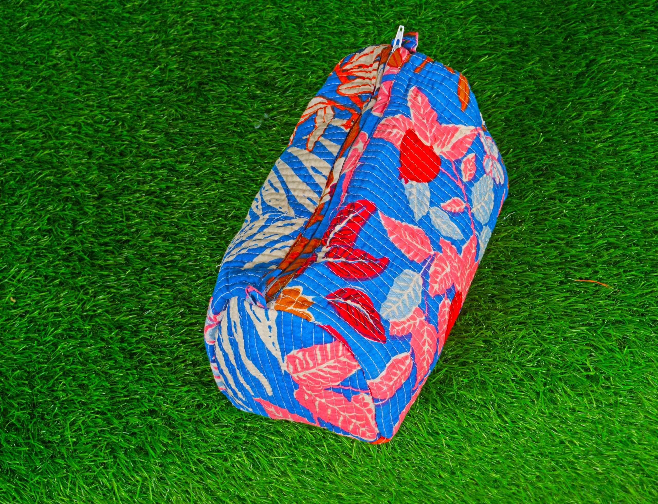 Indian Handmade Cotton Quilted Floral Toiletry Cosmetic Makeup Bag Blue A