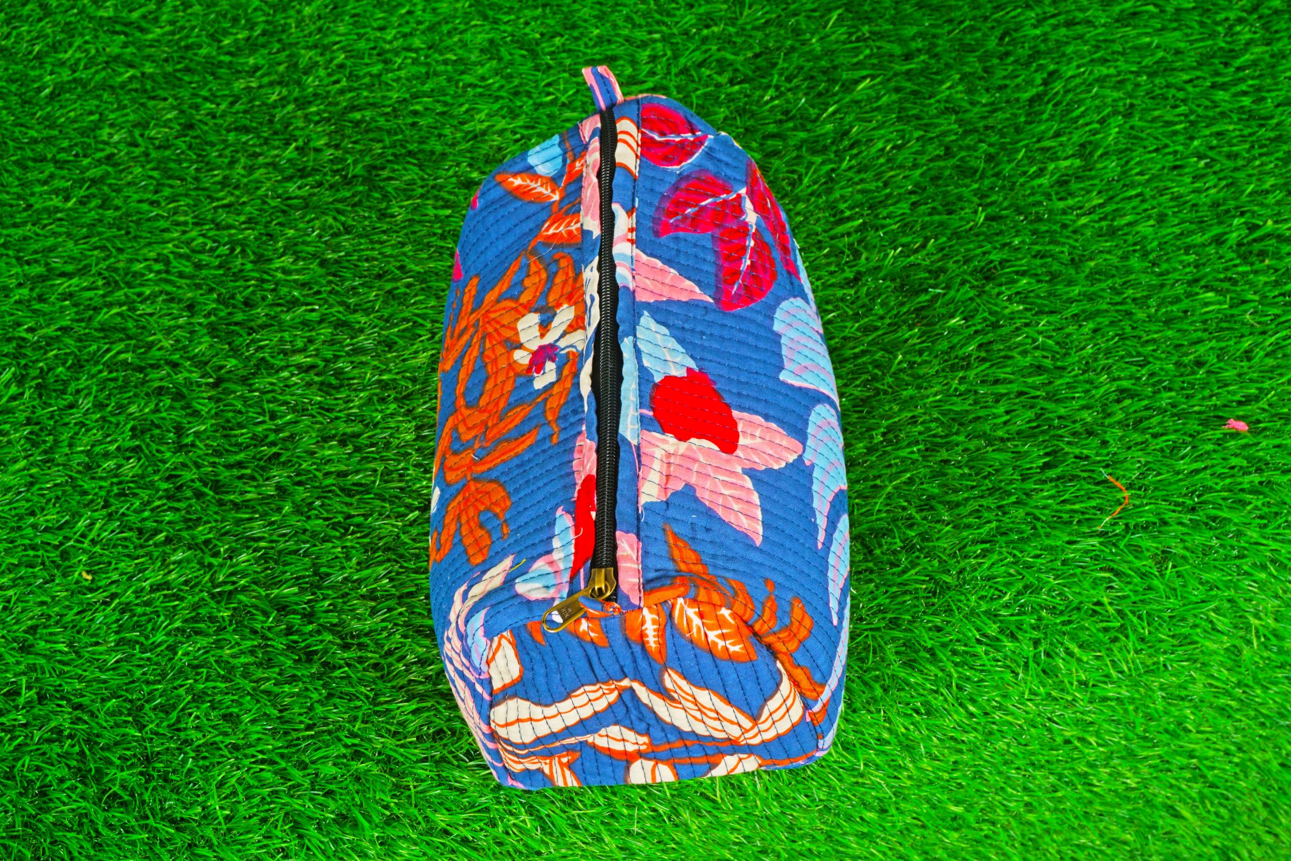 Indian Handmade Cotton Quilted Floral Toiletry Cosmetic Makeup Bag Blue A