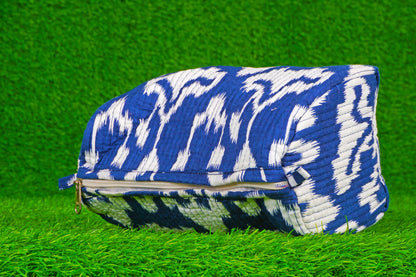Indian Handmade Cotton Quilted Floral Toiletry Cosmetic Makeup Bag Blue A