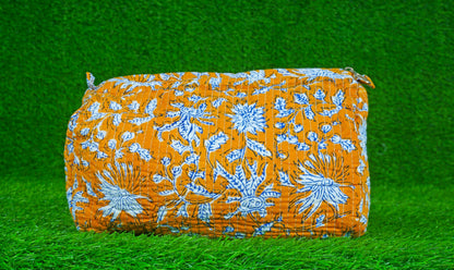 Indian Handmade Cotton Quilted Floral Toiletry Cosmetic Makeup Bag Blue A