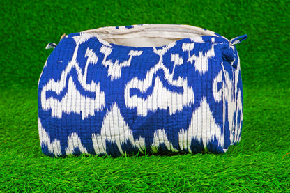 Indian Handmade Cotton Quilted Floral Toiletry Cosmetic Makeup Bag Blue A