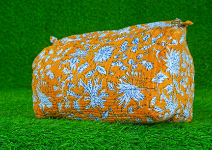 Indian Handmade Cotton Quilted Floral Toiletry Cosmetic Makeup Bag Blue A