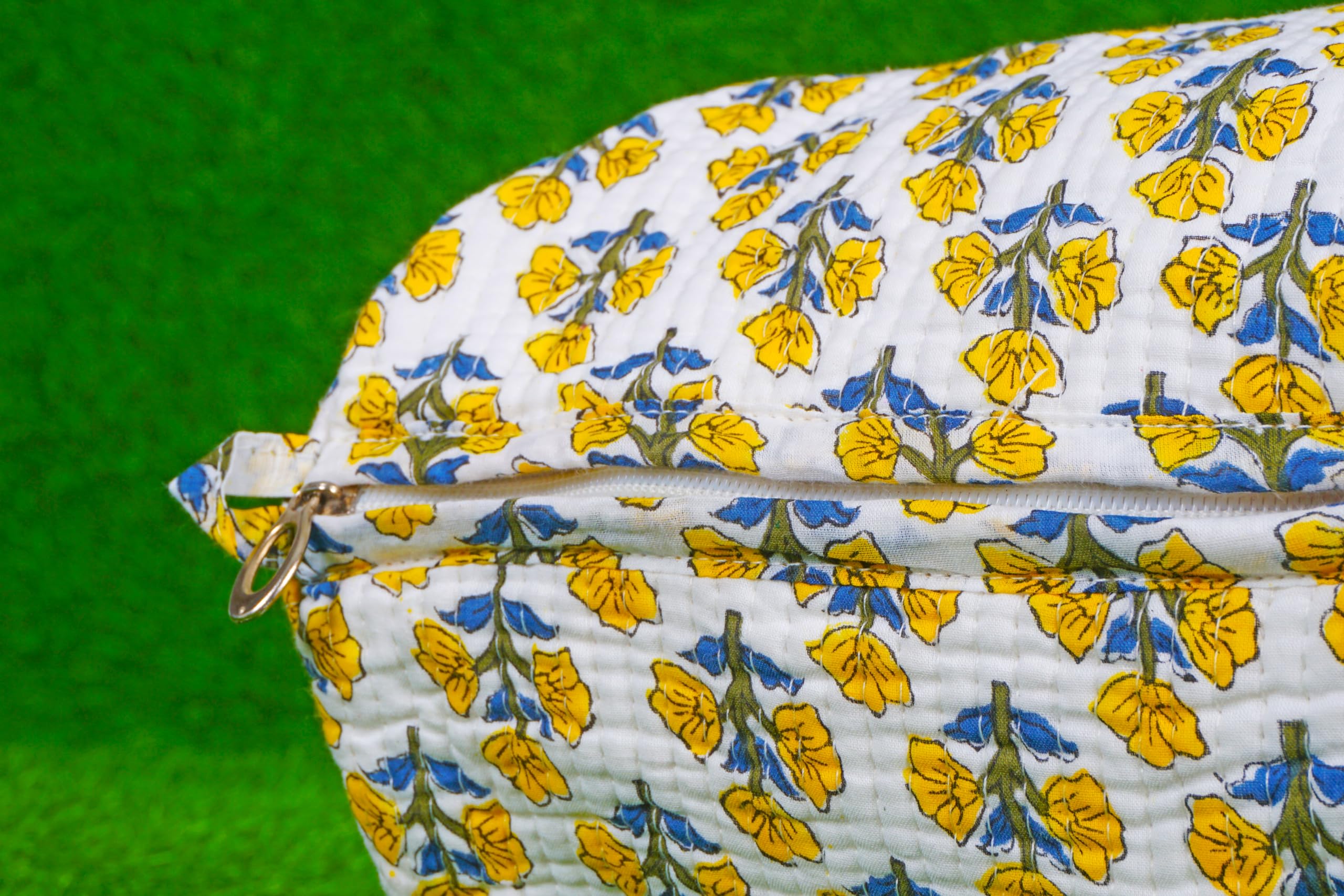 Indian Handmade Cotton Quilted Floral Toiletry Cosmetic Makeup Bag Blue A