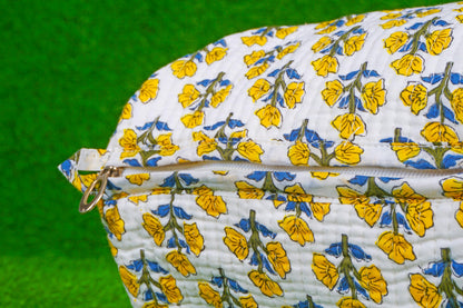 Indian Handmade Cotton Quilted Floral Toiletry Cosmetic Makeup Bag Blue A