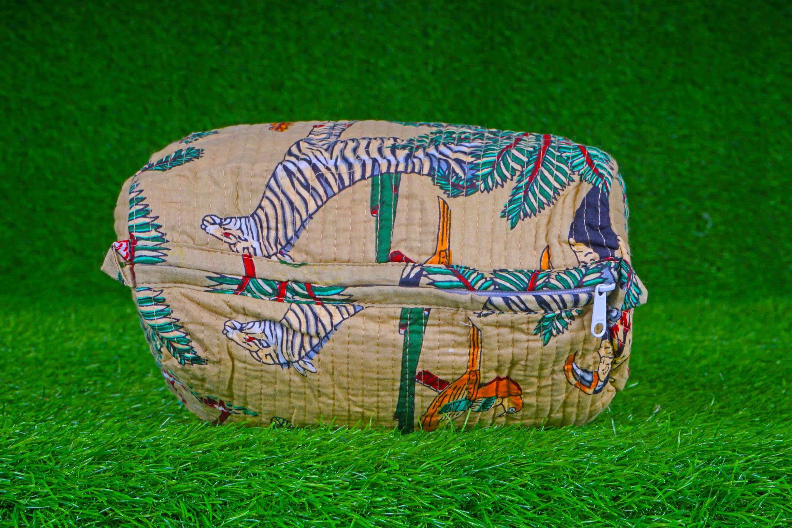 Indian Handmade Cotton Quilted Floral Toiletry Cosmetic Makeup Bag Blue A