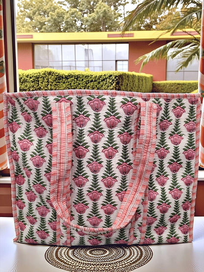 Handmade Cotton Floral Block Print Quilted Tote Shoulder Market Shopping Bag