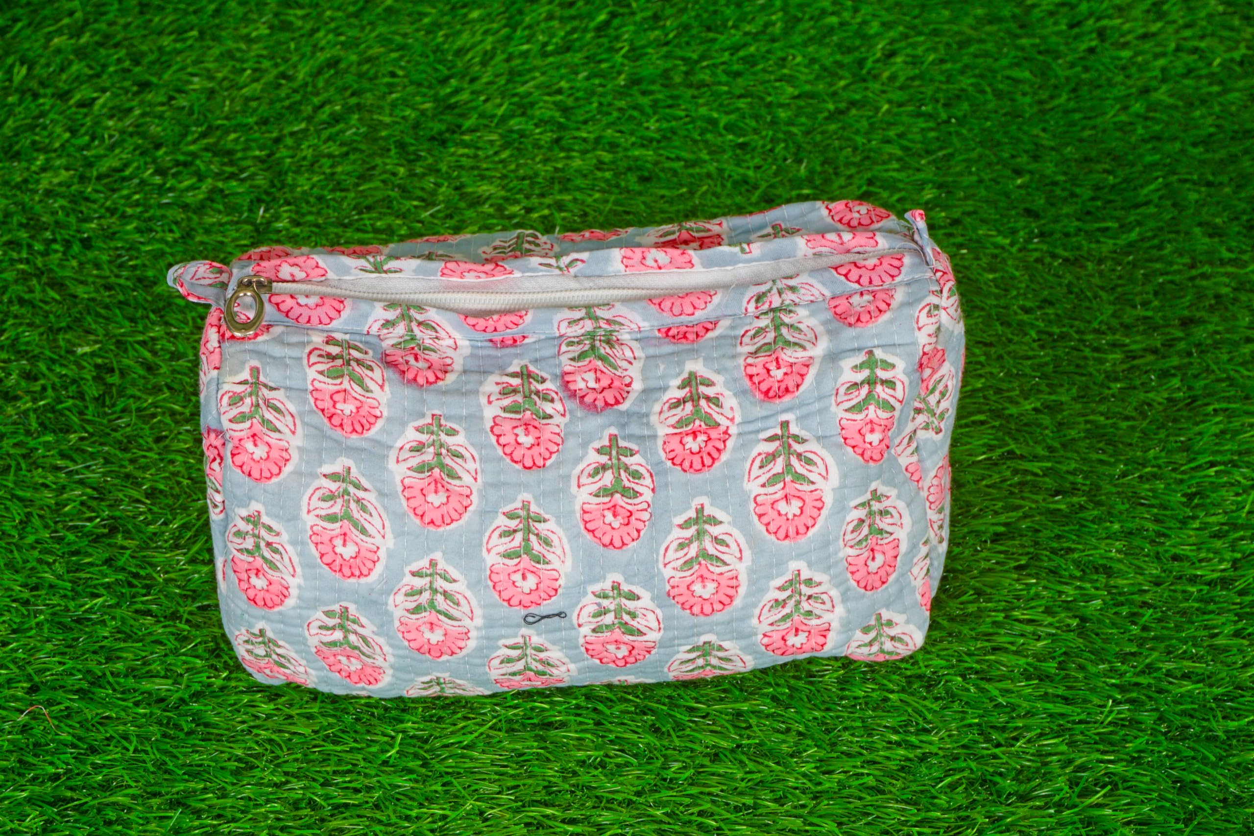 Indian Handmade Cotton Quilted Floral Toiletry Cosmetic Makeup Bag Blue A