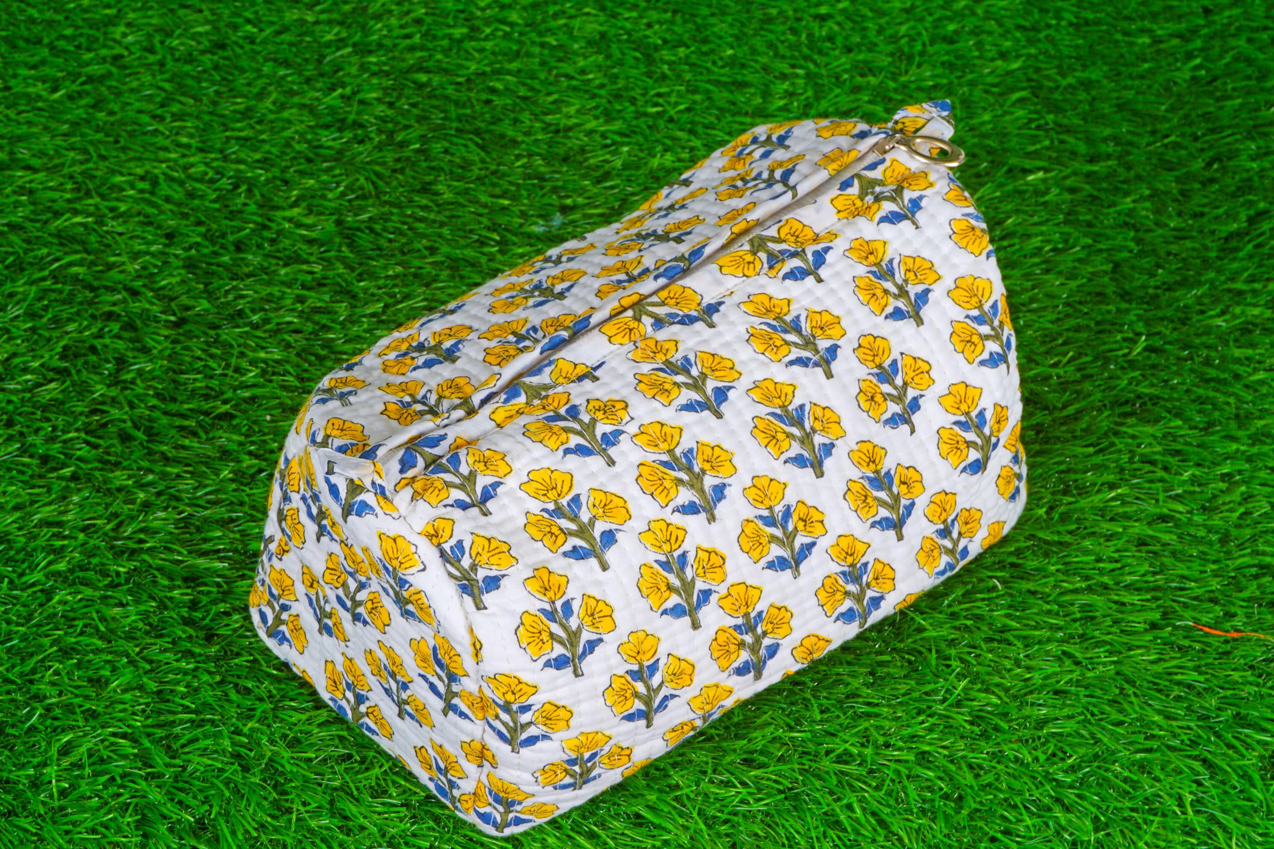 Indian Handmade Cotton Quilted Floral Toiletry Cosmetic Makeup Bag Blue A