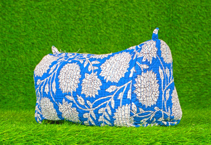 Indian Handmade Cotton Quilted Floral Toiletry Cosmetic Makeup Bag Blue A