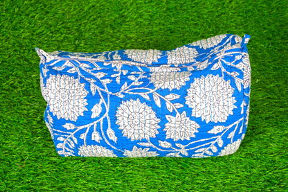 Indian Handmade Cotton Quilted Floral Toiletry Cosmetic Makeup Bag Blue A