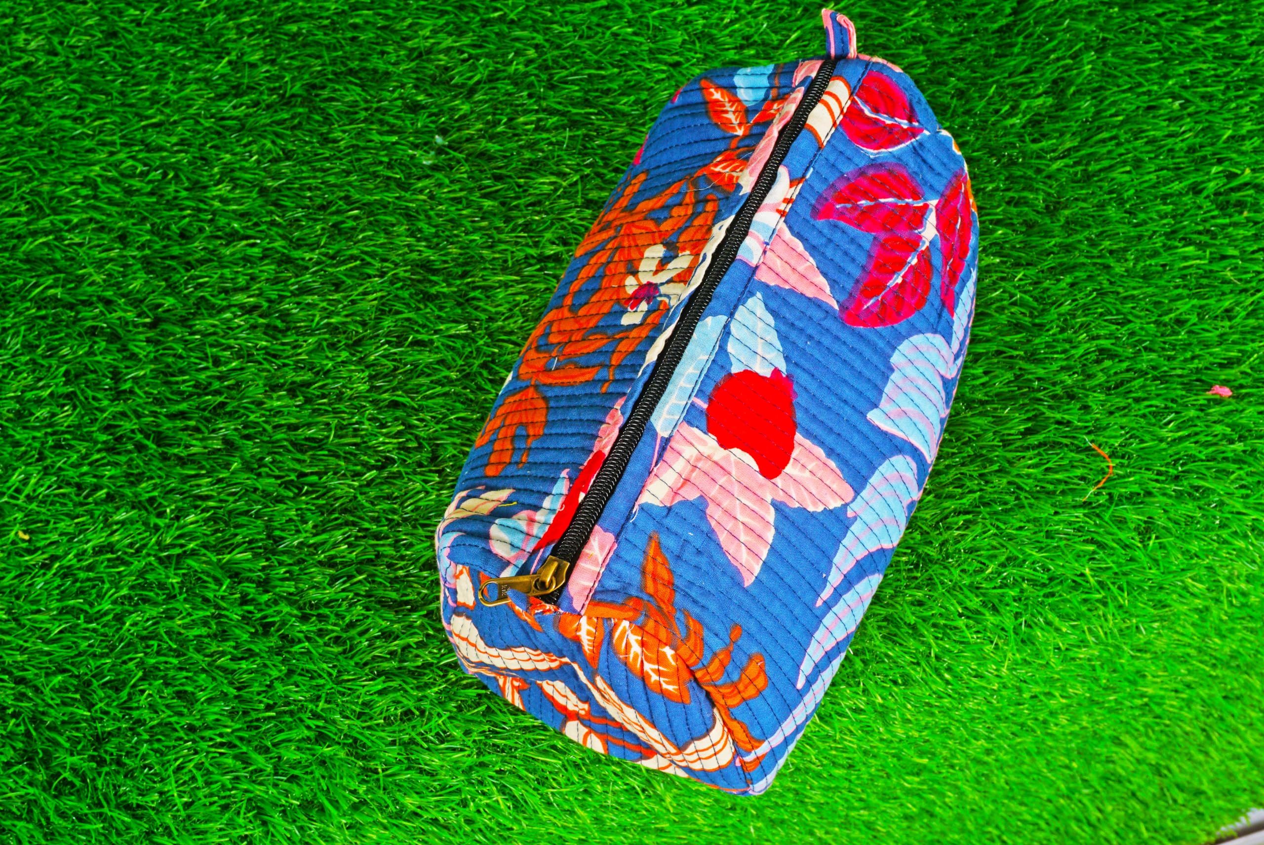 Indian Handmade Cotton Quilted Floral Toiletry Cosmetic Makeup Bag Blue A