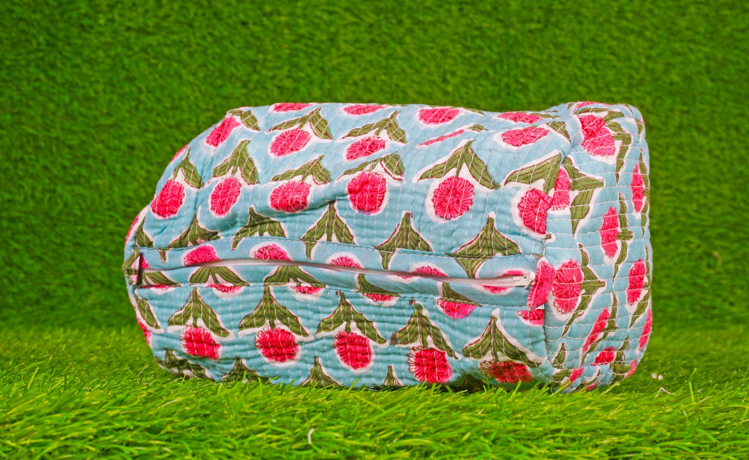 Indian Handmade Cotton Quilted Floral Toiletry Cosmetic Makeup Bag Blue A