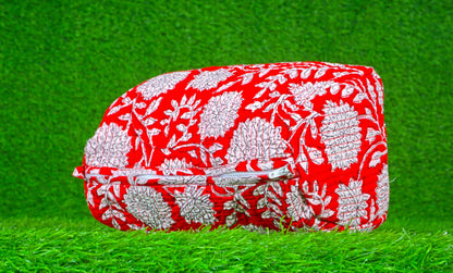 Indian Handmade Cotton Quilted Floral Toiletry Cosmetic Makeup Bag Blue A