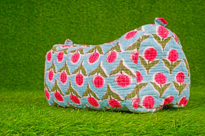 Indian Handmade Cotton Quilted Floral Toiletry Cosmetic Makeup Bag Blue A
