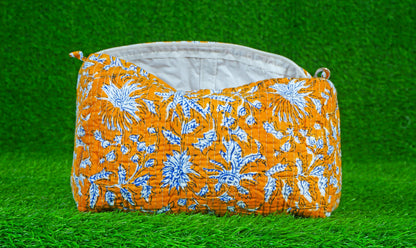 Indian Handmade Cotton Quilted Floral Toiletry Cosmetic Makeup Bag Blue A