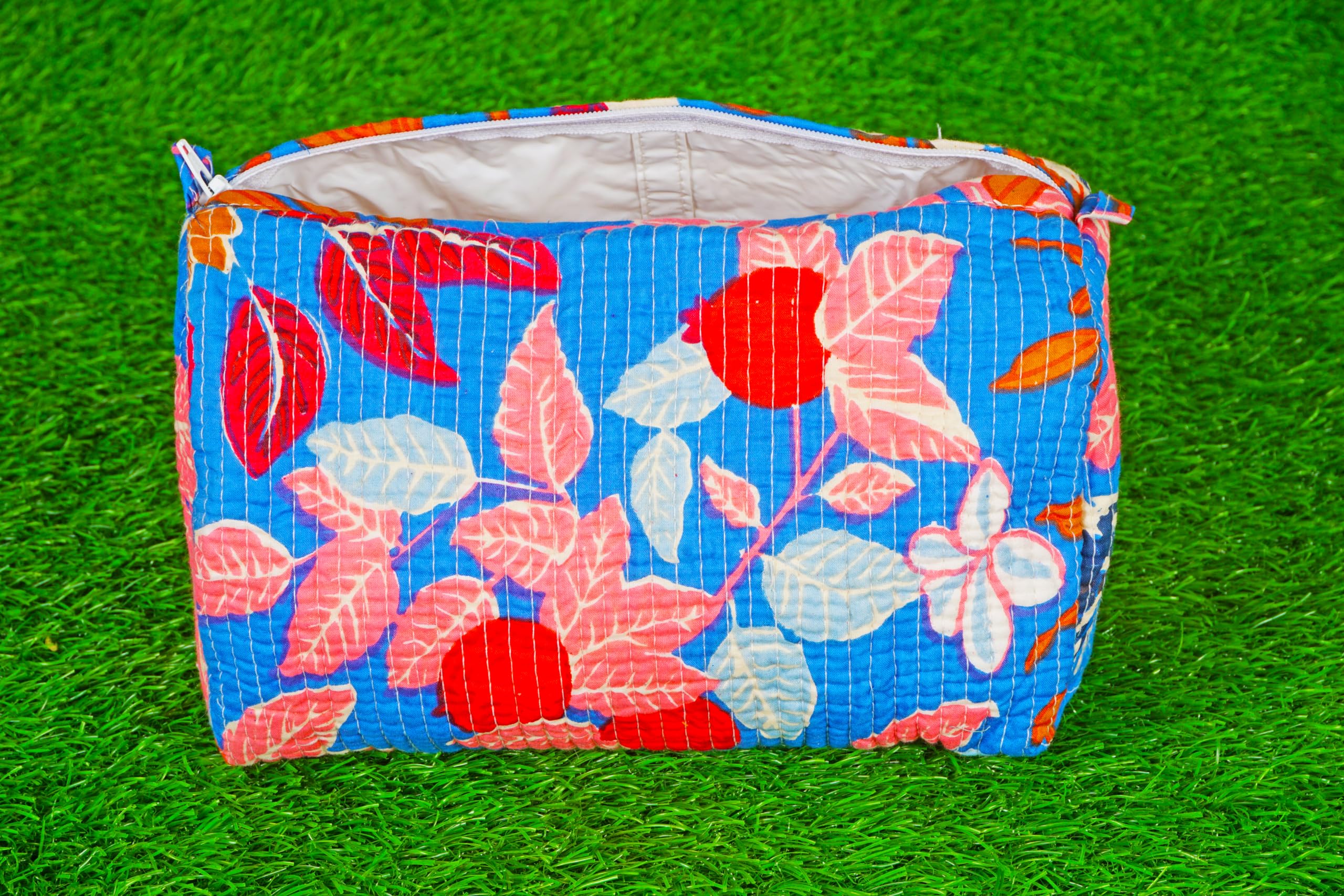 Indian Handmade Cotton Quilted Floral Toiletry Cosmetic Makeup Bag Blue A