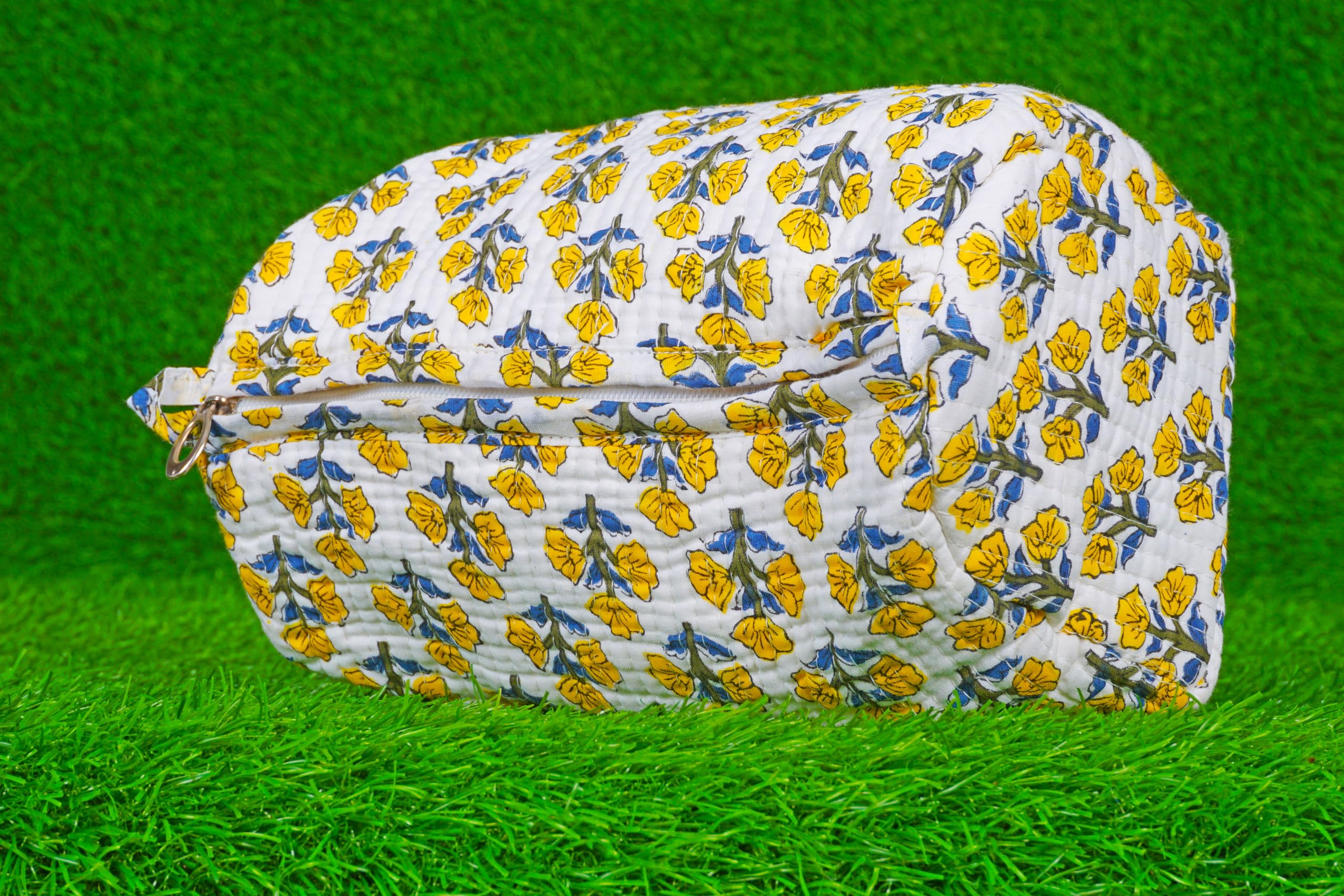 Indian Handmade Cotton Quilted Floral Toiletry Cosmetic Makeup Bag Blue A